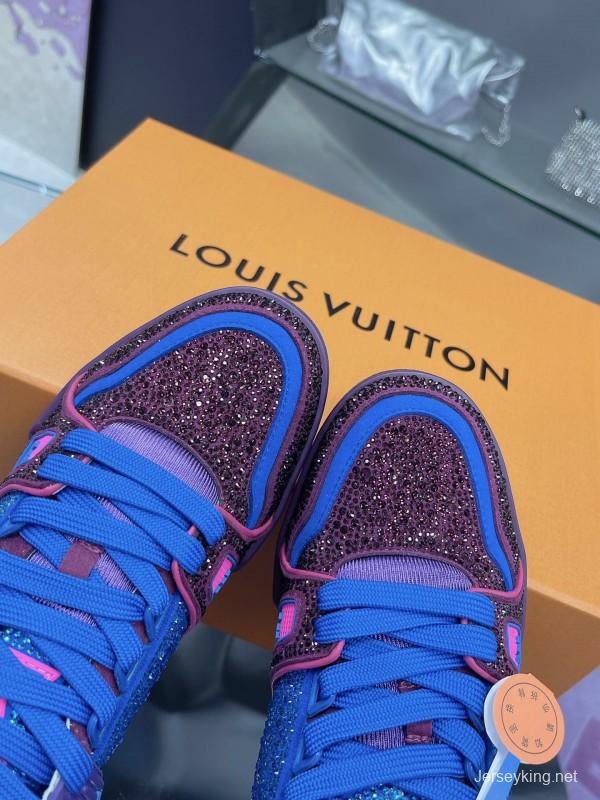 2025 Women Louis Vuitton Blue Purple Leather Fabric Plimsolls Handcrafted Rhinestones AS00400