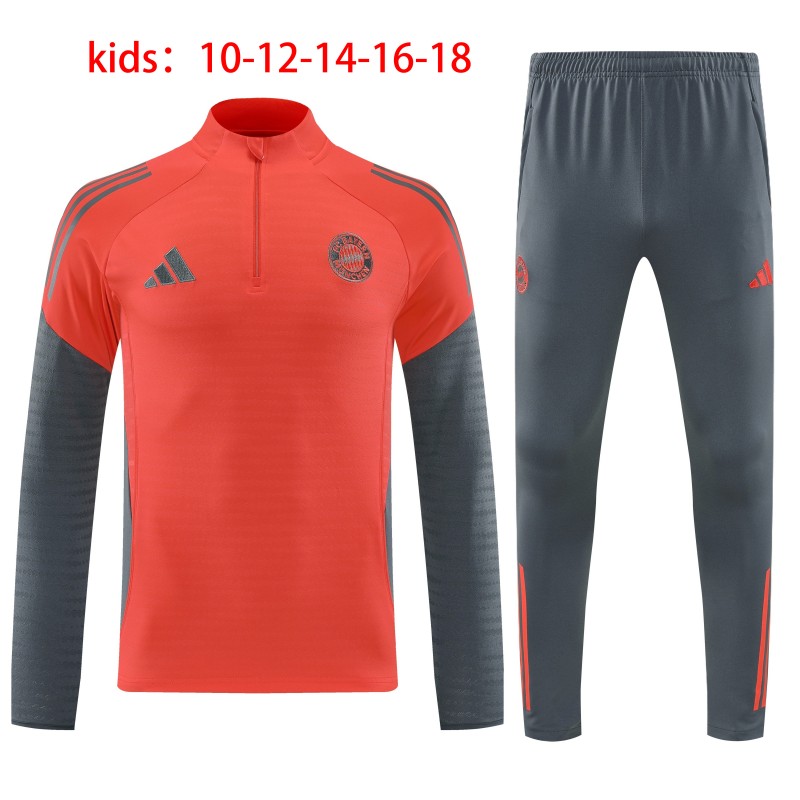 Kids 25/26 Bayern Munich Coral Red with Grey Sleeves Half Zipper Jacket Tracksuit +Long Pants