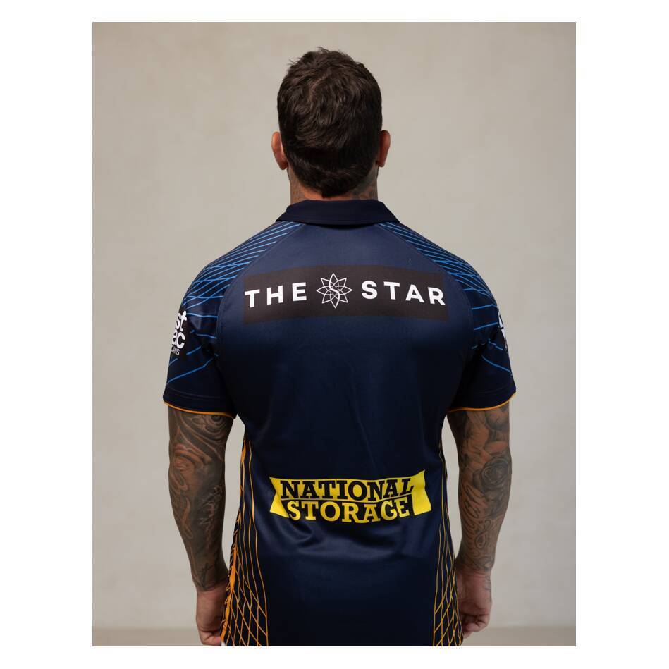 25/26 Brisbane Broncos Maroon with Blue Striped Sleeves and Gold Geometric Jersey