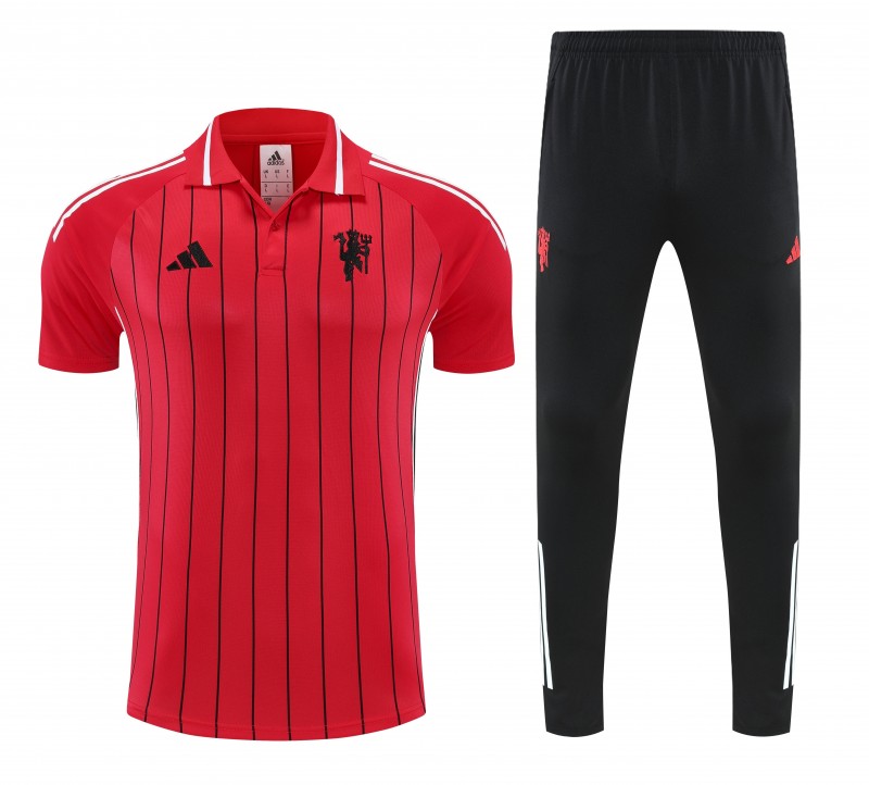 26/27 Manchester United  Red Stripes  Polo Training Shirt + Long Pants Tracksuit