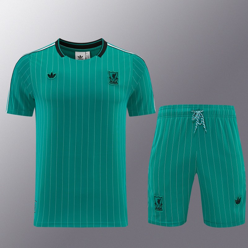 26/27 Liverpool   Green Pinstripe  Short Sleeve+Soccer Shorts