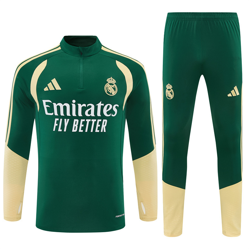2026 Real Madrid Green & Cream  Half Zipper Jacket Tracksuit + Long Pants