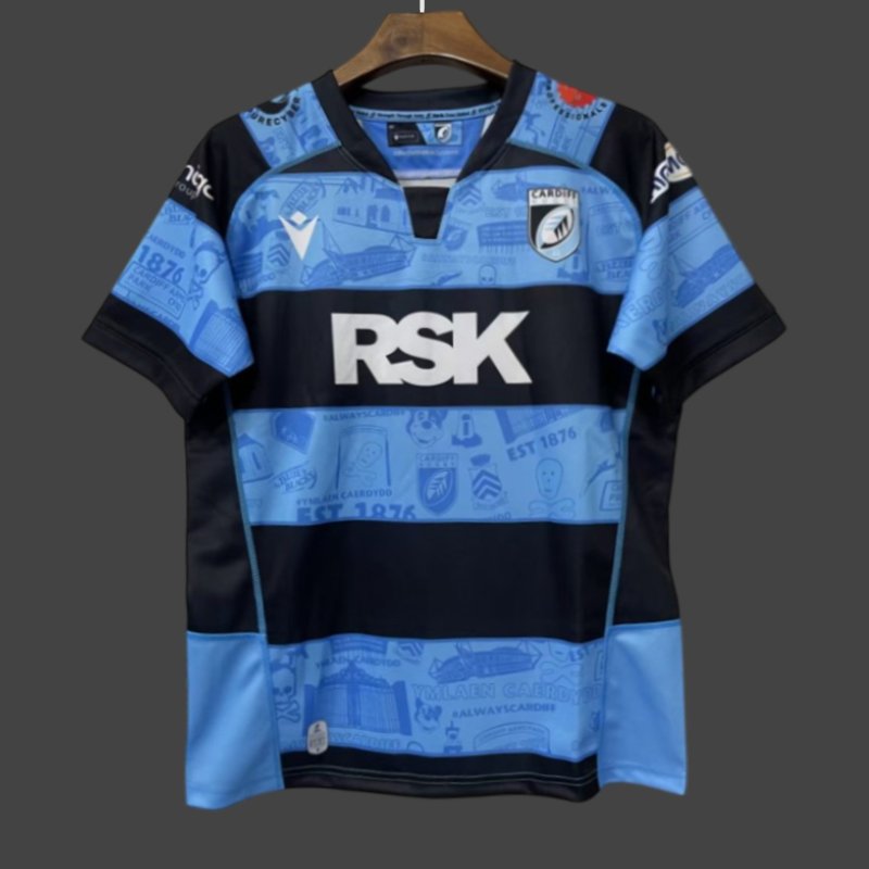25/26 Cardiff Rugby Sky Blue with Navy Hoops and Heritage Print Jersey
